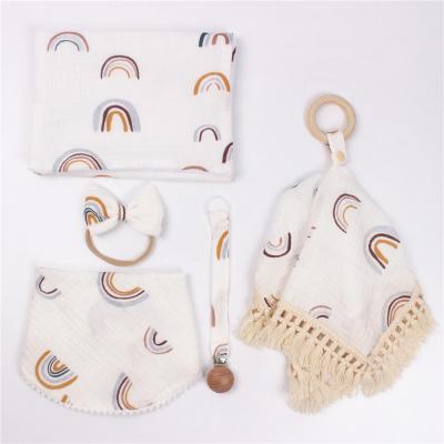 China 5 Pcs Antibacterial Newborn Gift Pack Sets Headband Tassel Blanket Cotton Boho Baby Bib Baby Burp Clothes Baby Drool Bibs for sale