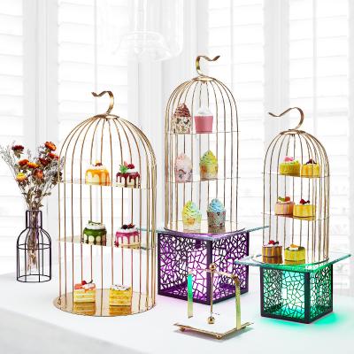 China Royal and luxury stainless steel gold buffet cake snack fruit display stand metal birdcage cake stand for sale