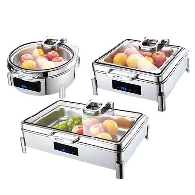 China Bargain Luxury Commercial 304 Stainless Steel Food Container Hydraulic Chafing Dish Buffet Set With Huge Window For High Grade Hotel Restaurant for sale