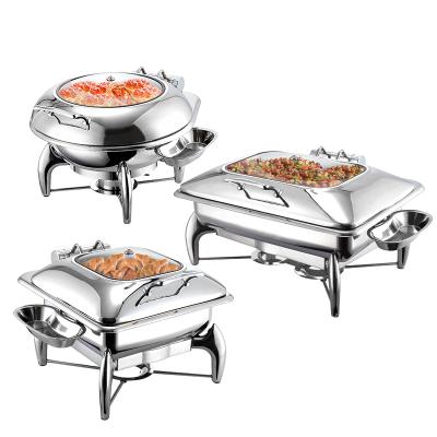 China Restaurant/Hotel Fast-shop Food Display Mirror Polish Electric Heating Round Hydraulic Pressure Chafing Dish Buffet Stainless Steel Glass Chafing Dish for sale