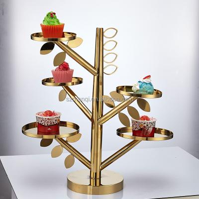 China Modern Luxury Hotel Catering Tree - Shaped Stainless Steel Golden Pastry Decoration Display Rack for sale