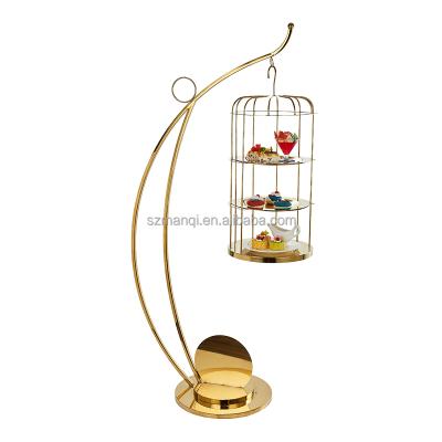 China Manqi Royal and Luxury Gold Stainless Steel Buffet Cake Snack Fruit Display Stand Metal Birdcage Cake Stand for sale