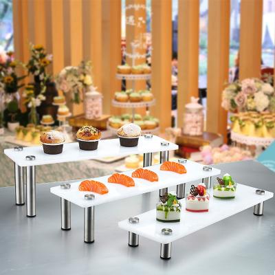 China Disposable White Acrylic Rectangular Cupcake Dessert 3-Tier Display Riser Cake Stand Decor for sale