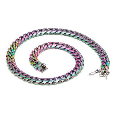 China Multicolor Rainbow Color Plating Stainless Steel Cuban Link Hiphop Hiphop Hip Hop Chain Jewelry 12mm 24