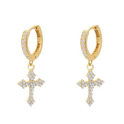 China 925 Sterling Silver Hip Hop Ankh Earrings Hip Hop Cross Lab Diamond Iced Out CZ Men's Cross Earrings for sale