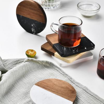 China Sustainable 2023 Amazon Hot selling Marble Wood Coaster Marble Splicing Wooden Placemat Wood Tea Coffee Round Square Cup Coaster for sale