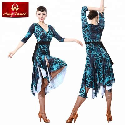 China Adult Women Eco-Friendly Sleeves Medium V-Neck Irregular Swing Dance Latin Dresses Latin Dance Costume for sale