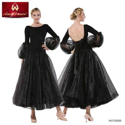 China Custom Made Eco-Friendly Big Sleeves Organza Edge Ballroom Dance Performance Backless Dance Dress for sale