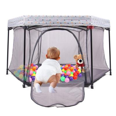 China Steel frame with 210D plyester fabric covering European standard pink baby playpen bed, European standard safety playpen door for sale