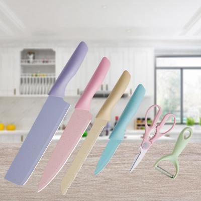 China Disposable Colorful Stainless Steel Wheat Straw Coating Christmas Gift Kitchen 6-Piece Knife Set for sale