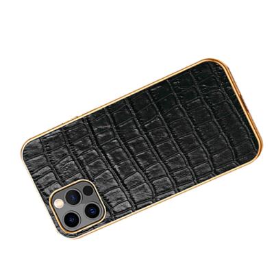 China Design High Grade Shockproof Luxury Housing Crocodile Print Cowhide Cell Phone Housing Plated With Leather Phone Case for sale