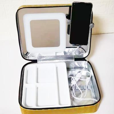 China Fashion Stock Waterproof Cosmetic Case With Large Mirror Portable Cosmetic Storage Box With Led Light And Phone Holder for sale