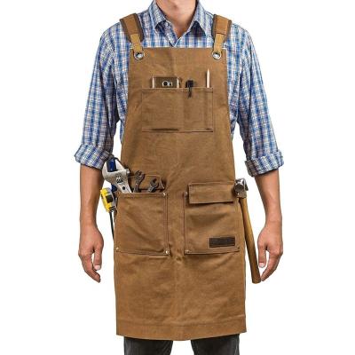 China Recyclable Heavy Duty Waxed Canvas Shop Aprons Tool Work Apron For Men And Women With Cross-Back Straps for sale