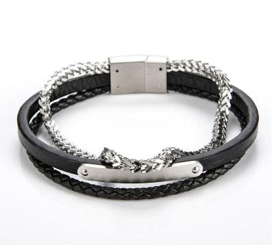 China Mens Jewelry 2021 High Quality Funky Chain Bracelet Stainless Steel Leather With Buckle Leather Strap For Engraving for sale