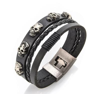 China Hip Hop Men's Bracelet Jewelry 2021 Awesome High Quality Stainless Steel Chain Leather With Buckle Leather Bracelet Custom Logo for sale