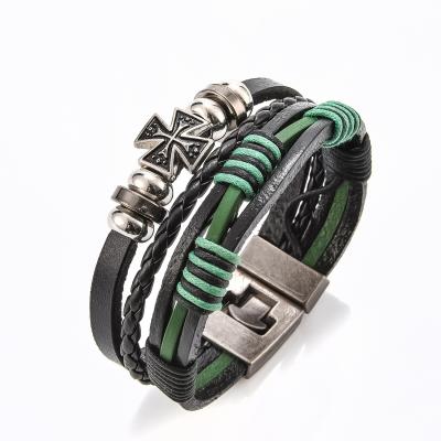 China 2021 Awesome Mens Bracelets High Quality Jewelry Stainless Steel Metal Chain Leather With Buckle Charm Multilayer Leather Bracelet for sale