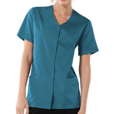 China Medical Hospital Solid Color High End Women's Female Short Sleeve Snap Scrub Top for sale