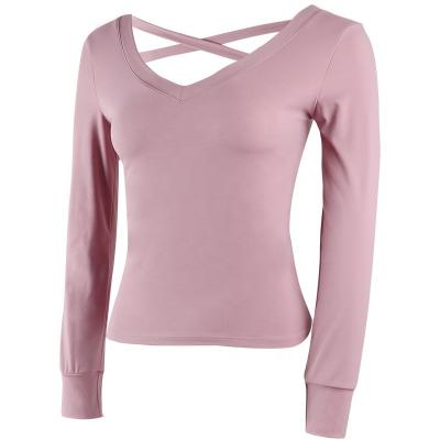 China Breathable Ladies Dry Fit OEM Stretch Top Long Sleeve Yoga Sports Fitness T-Shirt Deep V-Neck Compression With Strap Back Details for sale