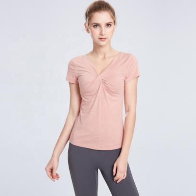 China Female Custom Bamboo Spandex Workout Anti-Wrinkle Workout Short V-Neckline Slim Fit Top T-Shirt for sale