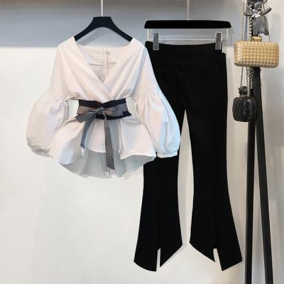 China Korean Style Anti Pilling Fashion Lantern Sleeve Blouse Shirt Women Slim Fit V Neck Striped Lady Two Piece Set Women Blouse And Wide Leg Pants for sale