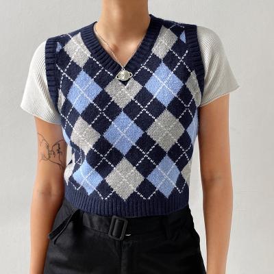 China 2021 hot sale anti-wrinkle ladies v-neck fashion NON--retro sleeveless breasted knit vest rhombic pattern sweater for sale