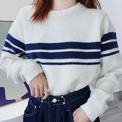 China 2021 New Products Women Winter Sweaters Color Patchwork Crew Neck Warm Sweater Anti-Wrinkle Striped Sweater Single Or Indoor Wear for sale