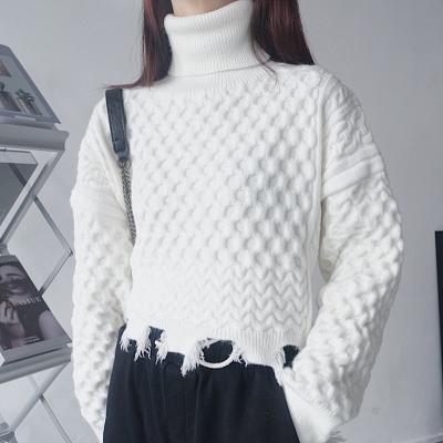 China Anti-wrinkle Anti-wrinkle Collar Potholes Solid Color High Cut Through Pullover Women Sweater 2021 New Irregular Fringed Pattern for sale