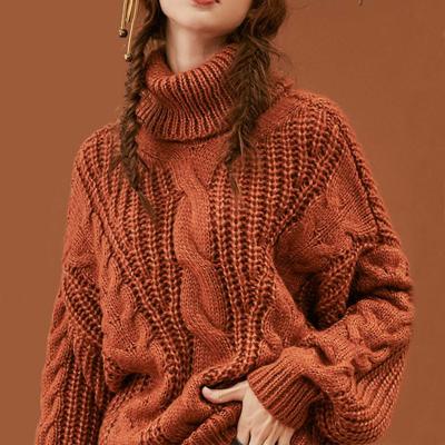 China Anti-pilling 2021 new arrival OEM custom anti pilling over size women sweaters turtle neck anti pilling knit pullover jacquard pure wool sweater women for sale