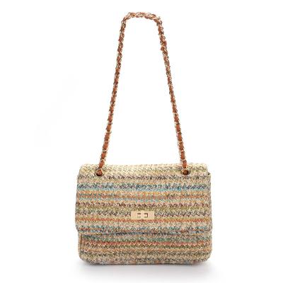 China Light Weight PP Multicolour Straw Ladies Messenger bag PU Alloy Chain Strap Lightweight Shoulder bag for sale