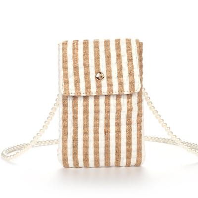 China With Holder PP Straw Women's Cell Phone Bag Sling Crossbody Bag Mobile Phone Small Bags Pearl Beaded Purse Wholesale for sale