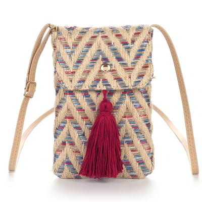 China Lightweight Synthetic Straw Bohemian Phone Crossbody Bag Daily Use Casual Woven Crossover bag small Tassel sling purse for sale