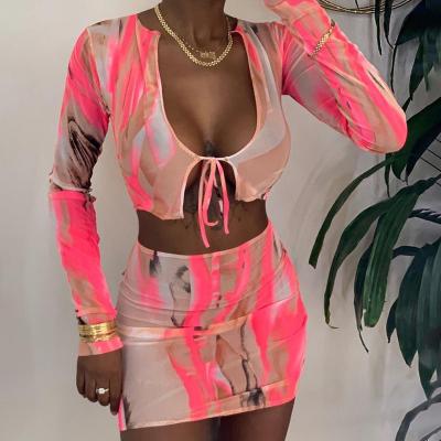 China Mesh See Though Sexy QUICK DRY Clubwear Bandage Crop Top 2 Piece Full Sleeve Mini Dress Set Custom Wholesale for sale