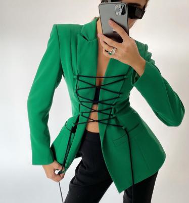 China Breathable Barbaric V-Neck Lace Up Long Sleeve Worked Main Notched Suit Leisure 2020 Autumn Winter Women Sexy Elegant Clothing for sale