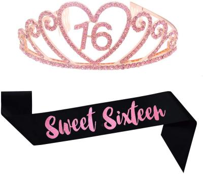 China Hair Crown Accessories Happy 16th Birthday Party Set Fashion Crystal Crown Satin Sash Sweet Sixteen Party Supplies Decorations Tiaras Crown 2022 for sale