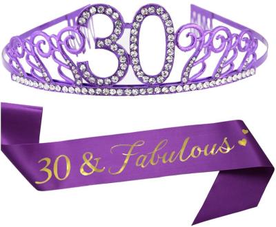 China Hair Crown Accessories Happy Birthday Party 30th Set Fashion Crystal Crown Purple Satin Sash Luxury Party Supplies Decorations Tiaras Crown Rhinestone for sale