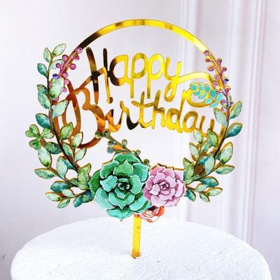 China Popular Happy Birthday Cake Topper Gold Acrylic Cake Topper For Birthday Party Cake Decorations Dessert Supplies Acrylic Flower Topper for sale