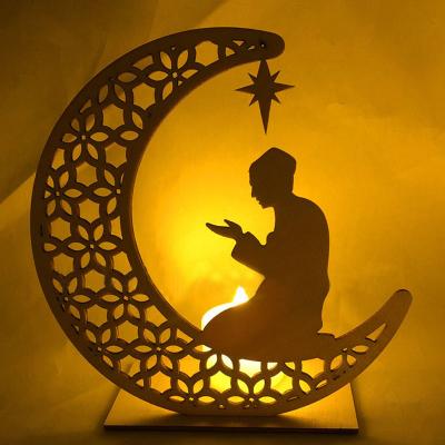 China Islamic Decor EID Mubarak Ramadan Decorations Wooden Pendant DIY LED Modern Wooden Muslim Gift Decoration for sale