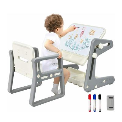 China Plastic 3 in 1 Wholesale New Style Plastic Indoor Children Study Table with Chair Folding Magnetic Kids Drawing Board Toy for sale