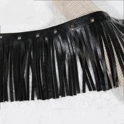 China Easy To Match Kavatar Black Faux Leather Eyelets Tassels Fringe Trim Ribbon for sale