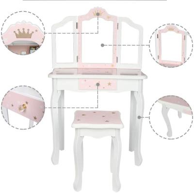 China Kids Adjustable Pink Vanity Wooden Makeup Mirror (Other) Tri Folding Dressing Table With Drawer for sale