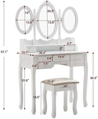 China Adjustable Triple Mirror White Dressing Table (Other) Bedroom Makeup Vanity Table for sale