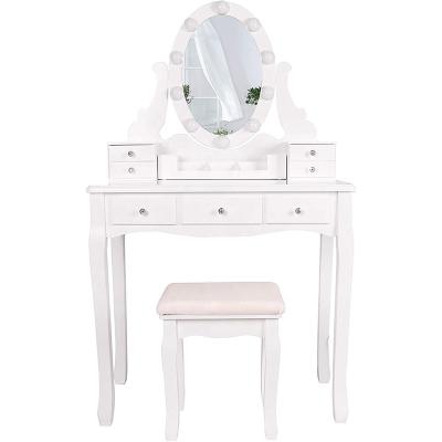 China (Others) Adjustable Wooden Girls Dressing Vanity Round Mirror Makeup Table with 3 Drawers for sale