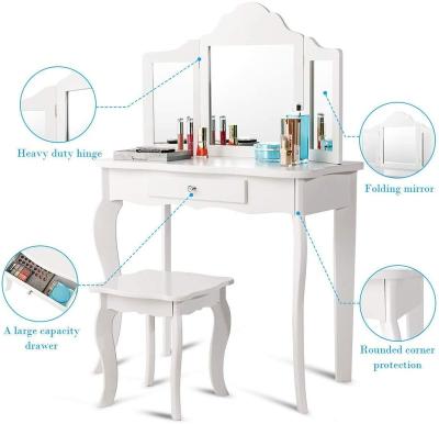 China (Other)Adjustable Wooden Vanity Table Stool Set Princess Makeup Dressing Table With Two Mirror 180 Fold for sale