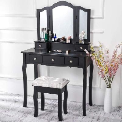 China (Other) Adjustable Tri Folding Mirror Furniture Vanity Makeup Desk With Cushioned Stool 5 Drawers for sale