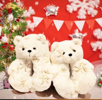 China Fashion Trend Winter Warm Fluffy Home Indoor Christmas Teddy Bear Limited Slippers For Women Girls Down Slippers for sale