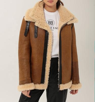 China 2020 OEM New Arrival Women Fur Collar Sheepskin Leather Sustainable Bomber Jacket for sale