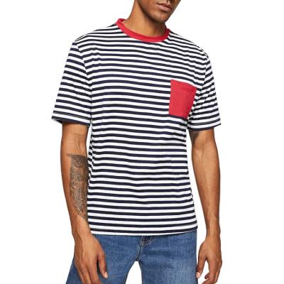 China Wholesale High Quality Hot Sale Red Pocket Summer Men's Round Neck Contrast Anti-Shrink Striped Tees For Male for sale