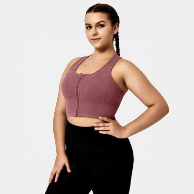 China Wholesale Custom Breathable Front Zipper Crisscross Back Plus Size Yoga Bra Plus Size Logo Recycled Active Wear Fitness Sportswear Medium Support for sale