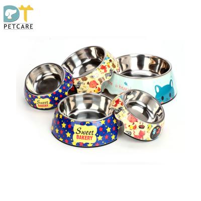 China Sustainable Wholesale Cute Cartoon 2 In 1 Stainless Steel Dog Cat Pet Food Water Double Bowls Feeder for sale