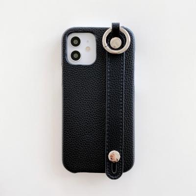 China Anti-fall lychee pattern cell phone case with wrist strap for Samsung fashion leather phone case for sale